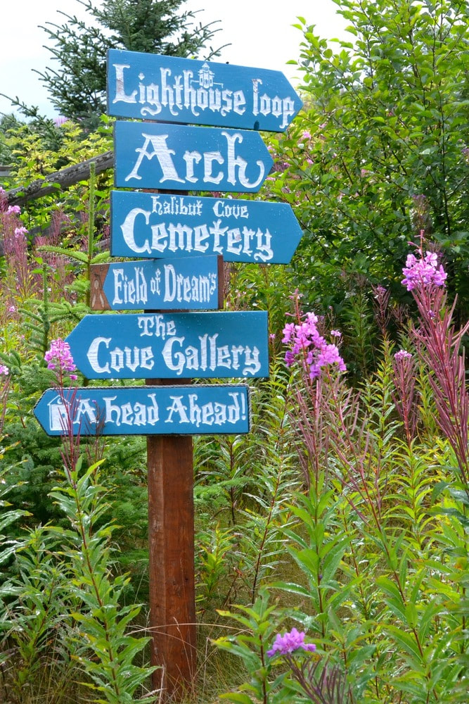 A tall signage post, with blue and white markers indicating directions to various points around the island, like the galleries, baseball field, and cemetery. 