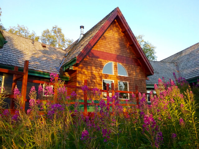 A picture of one of the peaks at the back of the Ridgewood Lodge. The low evening light showcases the fireweed blooming in the foreground.